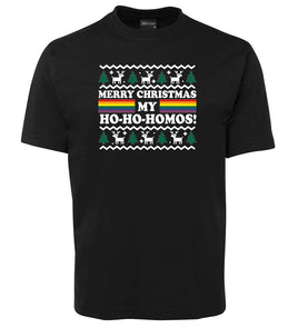 Merry Christmas Ho-Ho-Homos T-Shirt (Black) - Ugly Christmas Sweater Design