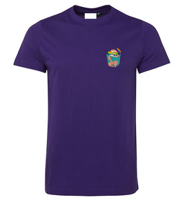 Rainbow Flag Waving Sloth Left Chest Logo T-Shirt (Regular Purple)