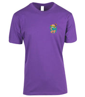 Rainbow Flag Waving Sloth Left Chest Logo T-Shirt (Alternate Purple)