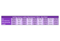 Surfing Unicorn Ladies T-Shirt Size Chart