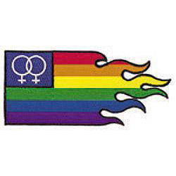 Waving Rainbow Flag with Lesbian Symbol Woven Patch