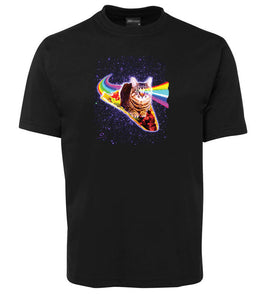 Rainbow Kitty Riding a Taco Thru Space T-Shirt (Black)