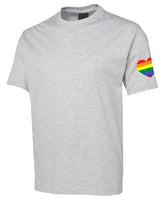 Rainbow Flag Heart on Sleeve T-Shirt (Snow Grey Tee)